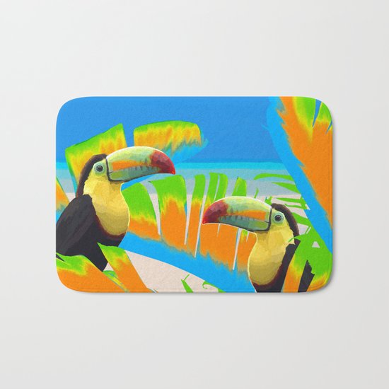 Colorful Toucans Tropical Banana Leaves Pattern Bath Mat