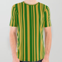 [ Thumbnail: Goldenrod and Dark Green Colored Stripes Pattern All Over Graphic Tee ]