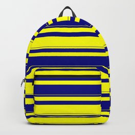 [ Thumbnail: Yellow & Blue Colored Lined/Striped Pattern Backpack ]