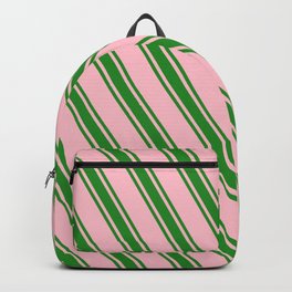 [ Thumbnail: Pink and Forest Green Colored Pattern of Stripes Backpack ]
