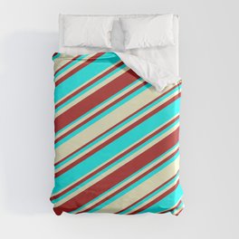 [ Thumbnail: Red, Cyan, and Light Yellow Colored Stripes Pattern Duvet Cover ]