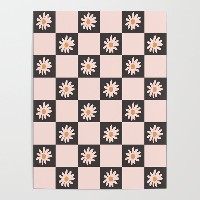Vintage Blush & Black Floral Checkered Pattern Poster