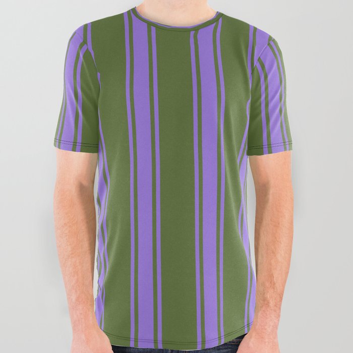 Dark Olive Green and Purple Colored Lines Pattern All Over Graphic Tee
