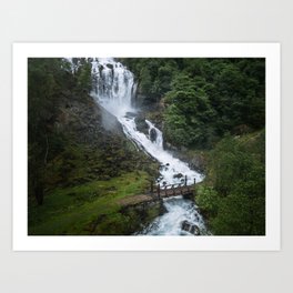 Painterly Waterfall in Norway with bridge in foreground -Landscape Photography Art Print