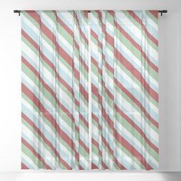 [ Thumbnail: Mint Cream, Powder Blue, Brown, and Dark Sea Green Colored Striped Pattern Sheer Curtain ]