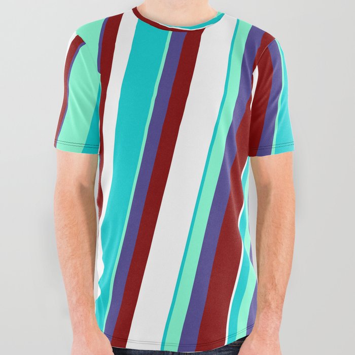 Dark Turquoise, Aquamarine, Dark Slate Blue, Maroon, and White Colored Pattern of Stripes All Over Graphic Tee
