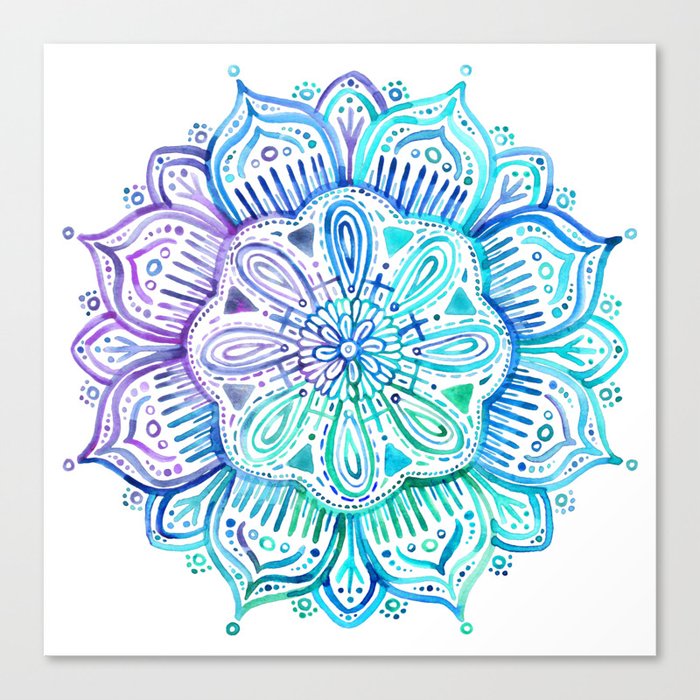 Iridescent Aqua and Purple Watercolor Mandala Canvas Print