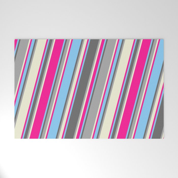 Colorful Light Sky Blue, Dim Grey, Dark Grey, Beige, and Deep Pink Colored Pattern of Stripes Welcome Mat