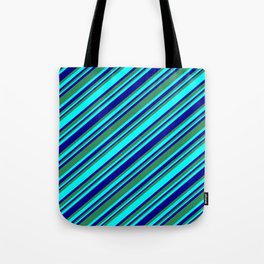 [ Thumbnail: Sea Green, Cyan, and Dark Blue Colored Lines/Stripes Pattern Tote Bag ]