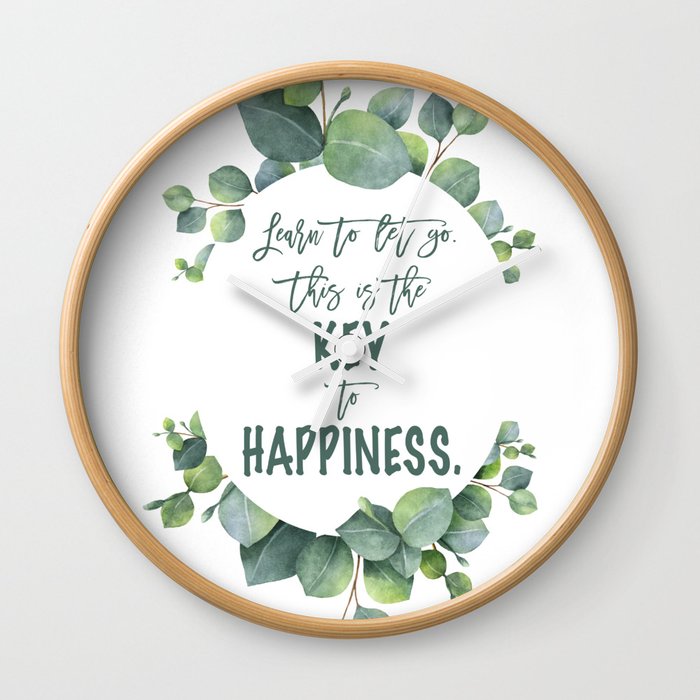 Elegant Watercolour Eucalyptus Foliage Key To Happiness Quote Wall Clock By Art4sharing Society6