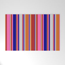 [ Thumbnail: Eyecatching Chocolate, Red, Hot Pink, Dark Blue & Light Gray Colored Lines/Stripes Pattern Welcome Mat ]