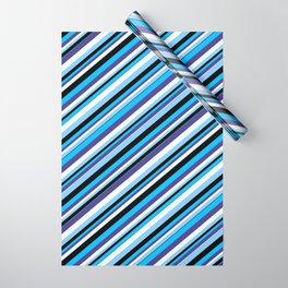 [ Thumbnail: Deep Sky Blue, Dark Slate Blue, Mint Cream, Light Sky Blue, and Black Colored Lines Pattern Wrapping Paper ]