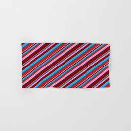 [ Thumbnail: Deep Sky Blue, Red, Plum & Maroon Colored Lined/Striped Pattern Hand & Bath Towel ]