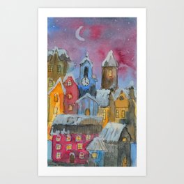  A town in a winter night Art Print