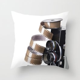 Retro movie camera and reel film Throw Pillow