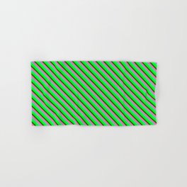 [ Thumbnail: Hot Pink, Green, Lime, and Dark Green Colored Stripes Pattern Hand & Bath Towel ]