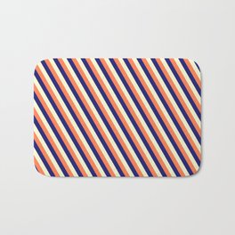 [ Thumbnail: Coral, Midnight Blue & Light Yellow Colored Lined/Striped Pattern Bath Mat ]