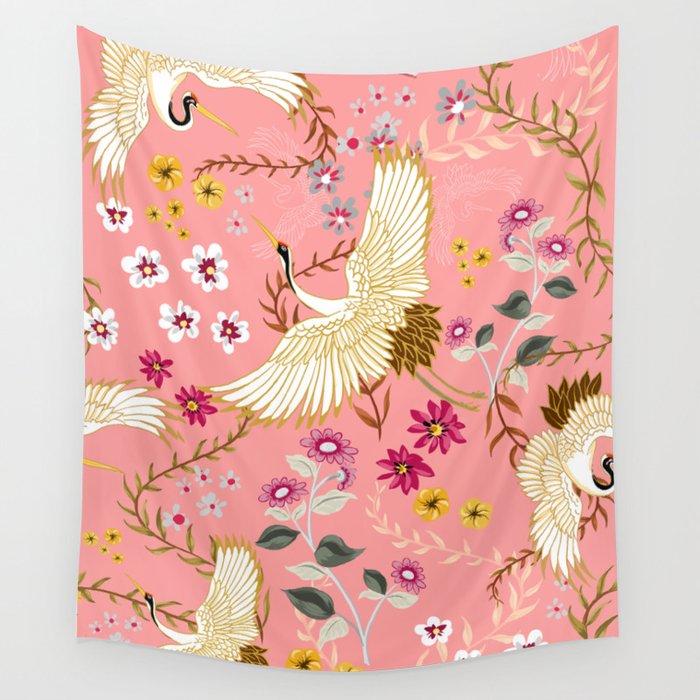 Chinoiserie cranes on pink, birds, flowers,  Wall Tapestry