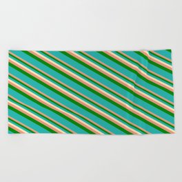 [ Thumbnail: Beige, Dark Salmon, Green & Light Sea Green Colored Lines Pattern Beach Towel ]
