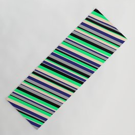 [ Thumbnail: Eyecatching Green, Bisque, Midnight Blue, Dark Grey, and Black Colored Lines/Stripes Pattern Yoga Mat ]