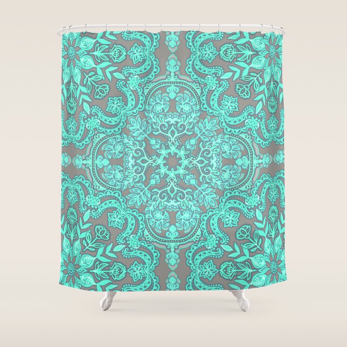 Mint Green & Grey Folk Art Pattern Shower Curtain by micklyn Society6