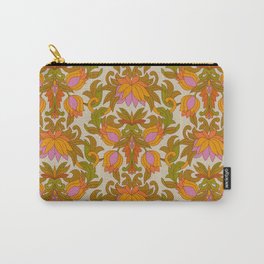 Orange, Pink Flowers and Green Leaves 1960s Retro Vintage Pattern Carry-All Pouch