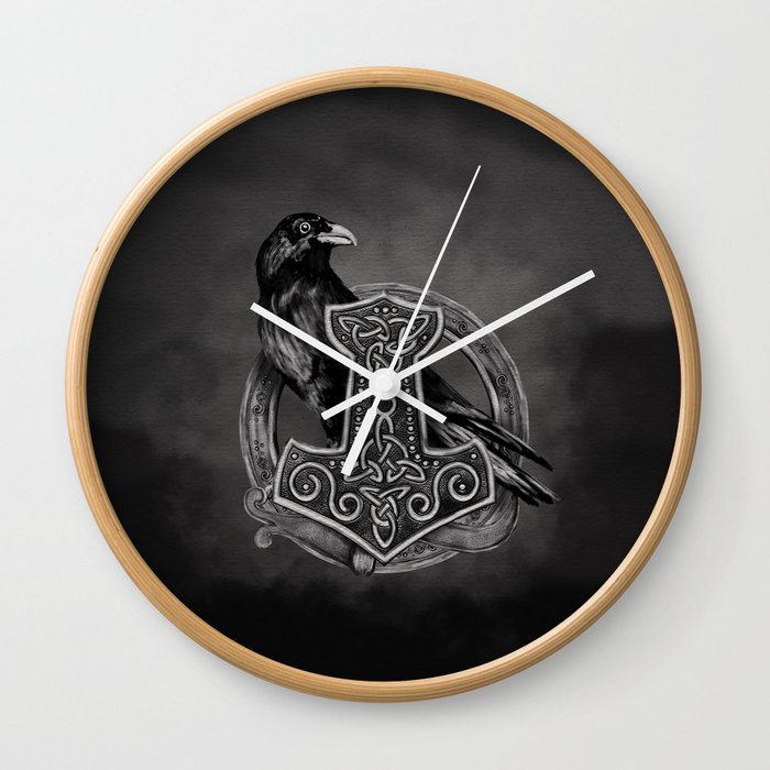 Mjolnir - The hammer of Thor and raven Wall Clock