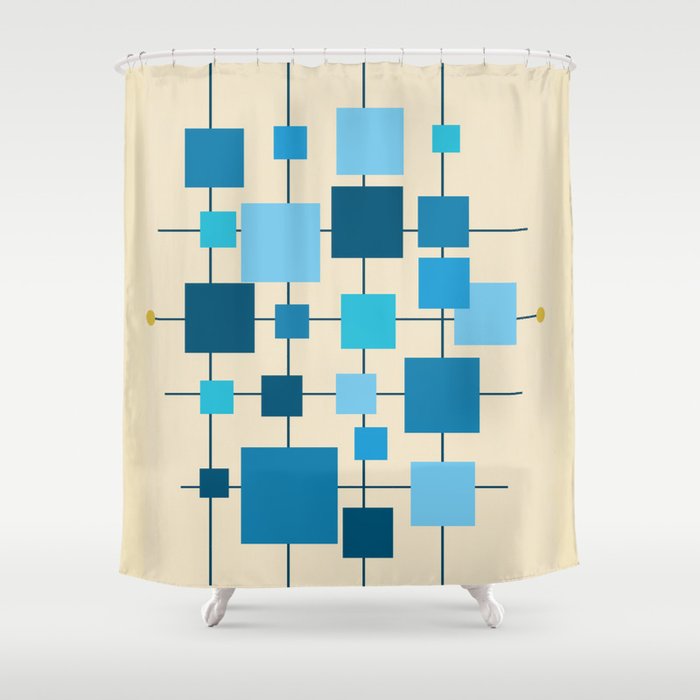 Mid-Century Modern Geometric Abstract Squares - Blue Shower Curtain