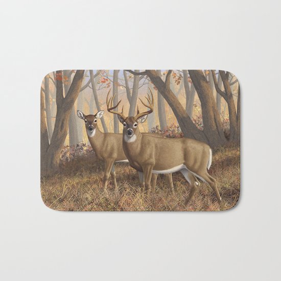 Whitetail Deer Trophy Buck and Doe in Autumn Bath Mat