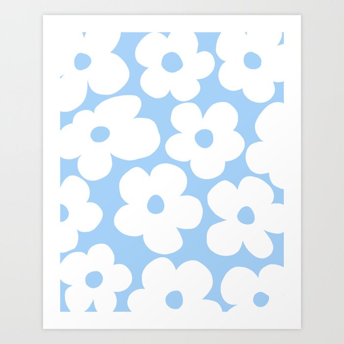 Large White Daisies on Baby Blue Background – Large Flowers Pattern Decor Art Print