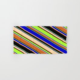 [ Thumbnail: Colorful Light Green, Blue, Tan, Chocolate & Black Colored Lines/Stripes Pattern Hand & Bath Towel ]
