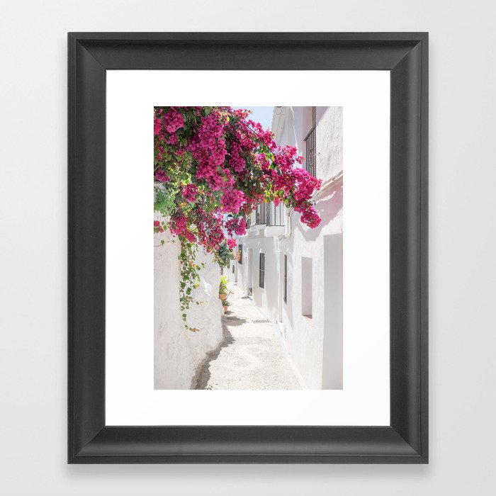 White Village Series, White washed alley, Bougainvillea, Travel Photography, Europe Framed Art Print