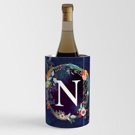 Personalized Monogram Initial Letter N Floral Wreath Artwork Wine Chiller