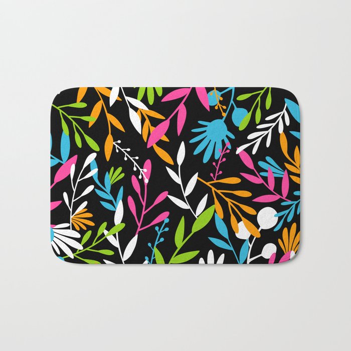Floral seamless bright pattern design with colorful leaf element. Black background Bath Mat