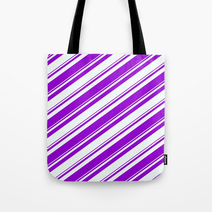 Dark Violet and Mint Cream Colored Pattern of Stripes Tote Bag
