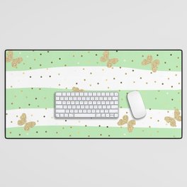 Butterfly Christmas seamless pattern and Gold Confetti on Mint Green and White Stripes Background Desk Mat
