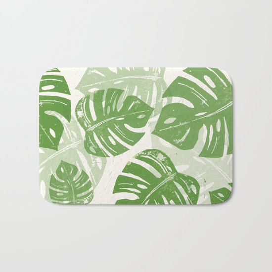 Linocut Monstera Leaf Pattern Bath Mat