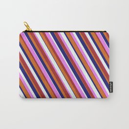 [ Thumbnail: Eyecatching Chocolate, Midnight Blue, Mint Cream, Violet & Brown Colored Lines Pattern Carry-All Pouch ]