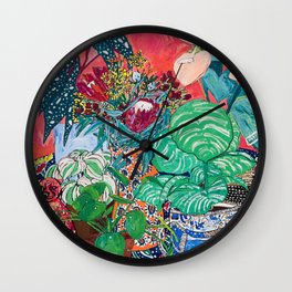 Jungle of Houseplants and Flowers on Bright Coral Pink with Wild Cats Wall Clock