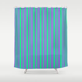 [ Thumbnail: Purple and Green Colored Stripes Pattern Shower Curtain ]