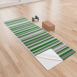 [ Thumbnail: Grey, Light Grey & Dark Green Colored Striped Pattern Yoga Towel ]