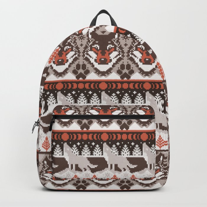 Fair isle knitting grey wolf // oak and taupe brown wolves orange moons and pine trees Backpack