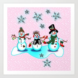 Snowman Trio in Pink Snow Art Print | Pink, Kids, Snowlady, Snowmen, Snowflakessnow, Christmasclothing, Snowman, Freeze, Homedecorating, Gifts 