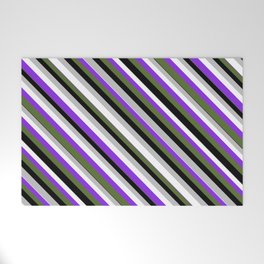 [ Thumbnail: Eye-catching Grey, White, Purple, Dark Olive Green, and Black Colored Lined/Striped Pattern Welcome Mat ]