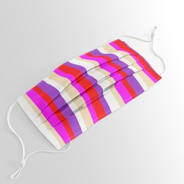 [ Thumbnail: Colorful White, Dark Orchid, Red, Fuchsia & Tan Colored Striped/Lined Pattern Face Mask ]