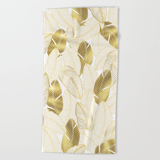 Gold tropical leaves pattern Beach Towel