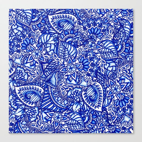 Modern blue handdrawn watercolor floral mandala Canvas Print