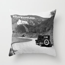 Old Hollywood sign Hollywoodland black and white photograph Throw Pillow