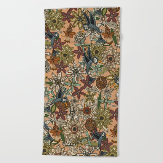 nectar bird garden peach Beach Towel