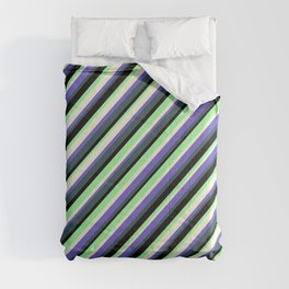 [ Thumbnail: Colorful Beige, Slate Blue, Dark Slate Gray, Black & Green Colored Lined/Striped Pattern Comforter ]